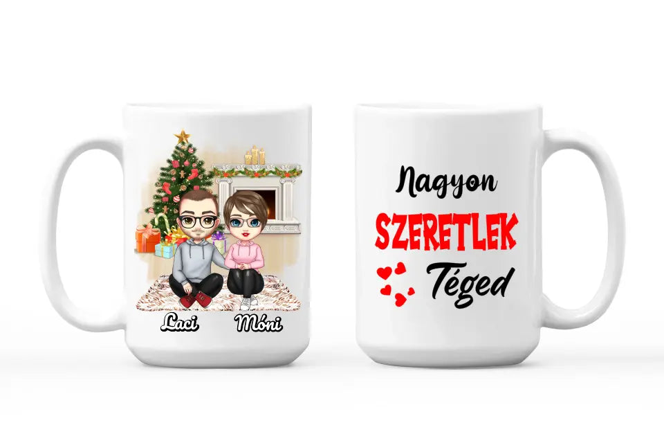 Egyedi karácsonyi bögre pároknak - Chibi pár a fa alatt